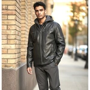 GUESS Black Faux Leather Moto Hooded Jacket Mens S Detachable Hood NEW Orig $200